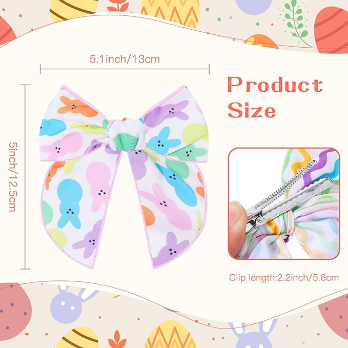 7 PCS Easter Hair Bows for Girls, 4.5 Inch Colorful Toddler Bows Clips With Bunny Rabbit Chick Easter Egg Pattern Hair Accessories for Kids Party Decorations