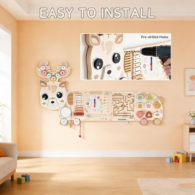 Reindeer Activity Wall Busy Board Panels, 12-in-1 Sensory Wall Panel for Kids, Toddler Montessori Learning Activity Center, Perfect for Toddler Playroom Nursery Classroom Dentist Waiting Room