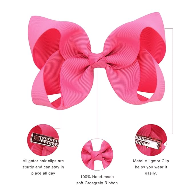 DEEKA 16 PCS 4" Hand-made Hair Bow Grosgrain Ribbon Solid Color Hair Bow Alligator Clips Hair Accessories for Little Teen Toddler Girls -Hot Pink
