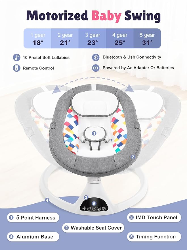 Baby Swing for Infants - Electric Portable Bluetooth Baby Rocker with 5 Speeds, 5-Point Harness, Remote Control, Timing & Music Speaker Max 20 Lbs (Gray)
