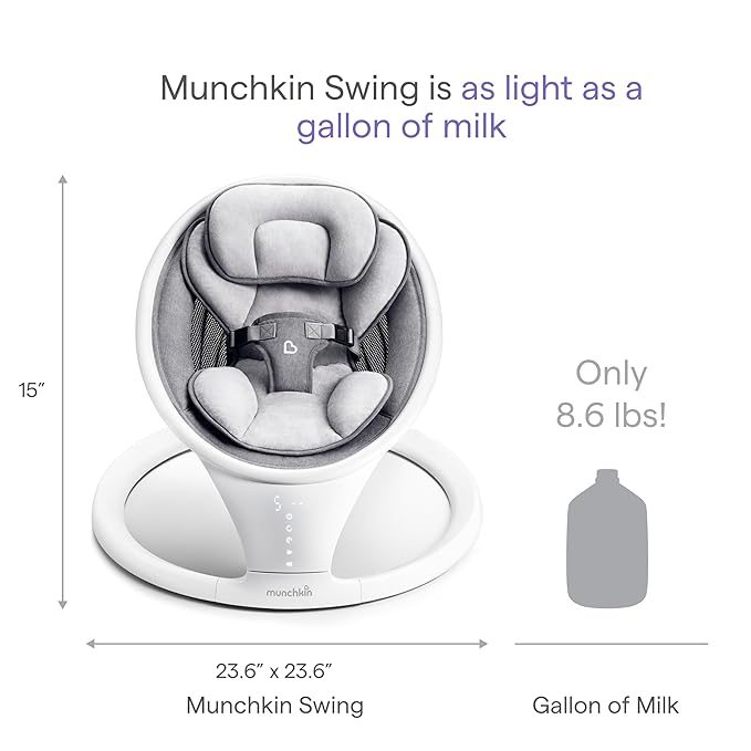 Munchkin Electric Baby Swing, Portable and Lightweight, Bluetooth Enabled Infant Rocker with Natural Sway in 5 Ranges of Motion, Newborn Nursery Essentials, White/Grey