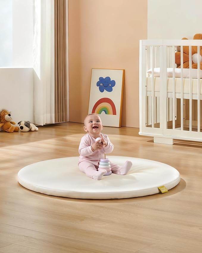 39" Round Baby Mat for Floor, Hypoallergenic Vegan Leather Cover Foam Play Mat for Nursery, Easy to Wipe Clean & Waterproof, Thick Playmat for Infants and Toddlers, 1 Storage Strap Included