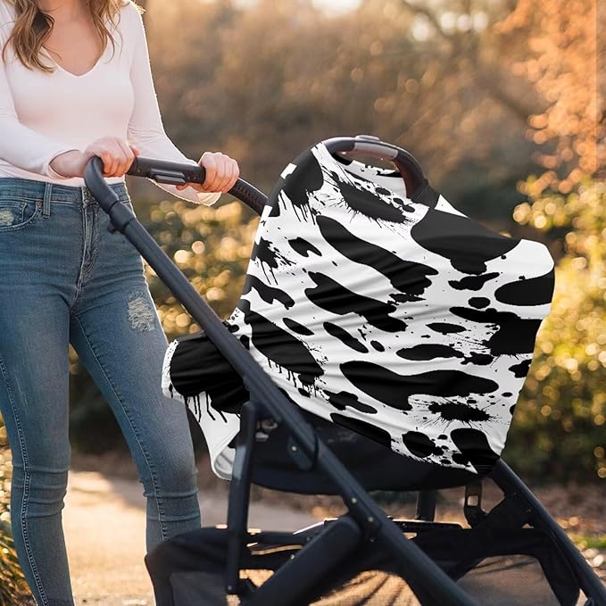 Car Seat Covers Canopy Cover- Multi-use Cover Carseat Canopy, Black White Cow Painting Breathable Breastfeeding Protector for Babies, Boys & Girls Shower Gifts