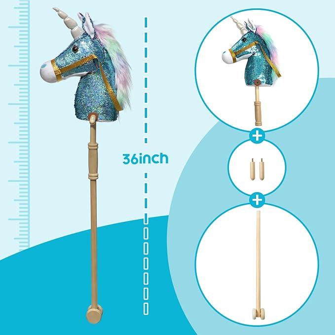 HollyHOME Sequin Unicorn Stick Horse Handcrafted Hobby Horse on a Stick with Wood Wheels Real Pony Neighing and Galloping Sounds Plush Unicorn Toy Blue 36 Inches(AA Batteries Required)