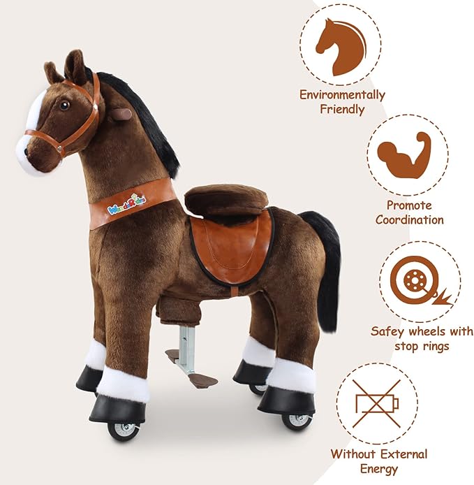 WondeRides Ride on Horse Pony Chocolate Riding Horse Toys Pony Ride Size 4 for Kids Toddlers Age 4-9, 36 inch Height Plush Walking Animal Mechanical Rocking Horse with Wheels No Battery