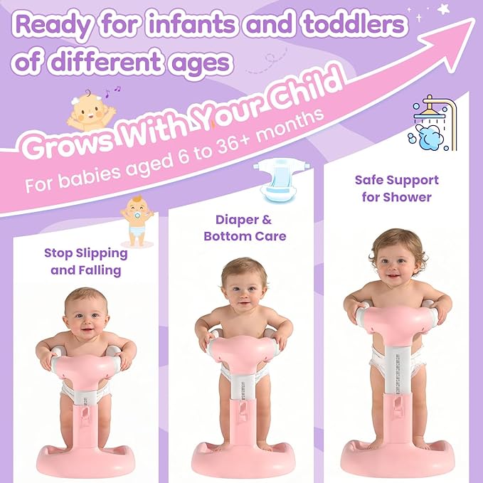 Upgraded Baby Shower Stand with Anti-Pinch Silicone & Anti-Slip Base, Adjustable Height Soporte para Bañera de Bebé, Baby Bath Standing Support Assist Holder for 6-36 Months Toddler, Ideal Gift, Pink