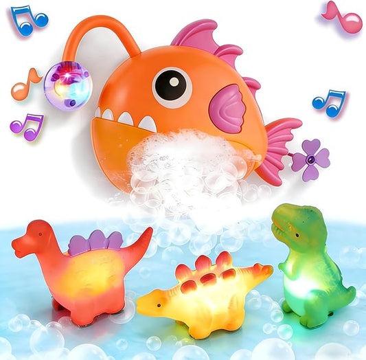 Baby Bath Toys for Toddlers, Light Up Fish Bubble Machine with 3 Dinosaur Water-Activated Toys, Shower Bathtub Toys for Kids Ages 3-8, Birthday Gift Easter for Boys Girls (Red)