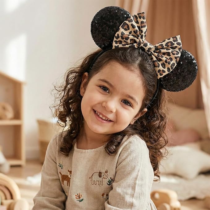 Adjustable Mouse Ears Hair Bow Headband, Cheeath Leopard Printed Elastic Hairband for Toddlers Baby Girls
