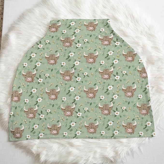 5-in-1 Unisex Cartoon Farm Cow Floral Pattern Baby Carseat Stroller Cover for Boys Girls, Highland Cow Flowers Infant Toddler Privacy Nursing Breastfeeding Canopy, Grocery Shopping Cart Cover-24x28