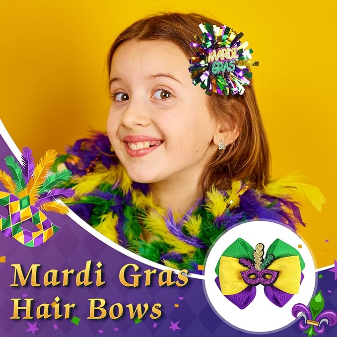 CN 4 PCS Mardi Gras Hair Bows for Girls, Purple Yellow Green Hair Clips Glitter Grosgrain Ribbon Bows with Alligator Clips,Mardi Gras Hair Accessories with Mask for Toddler Kids Teens Parade