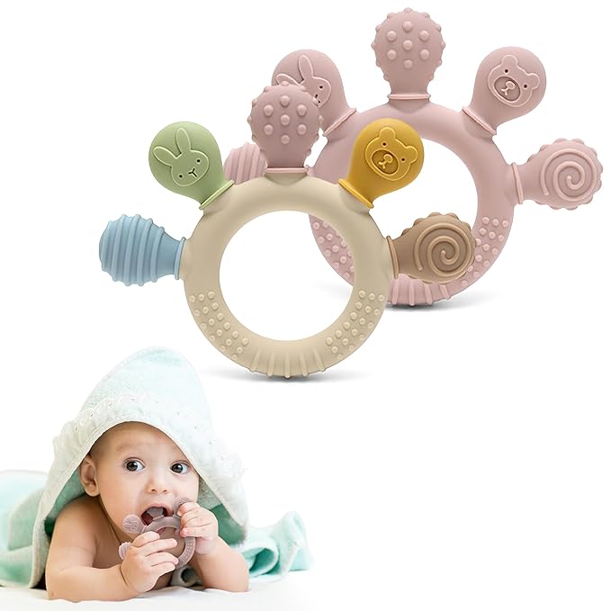 HippoBaby Silicone Teether for Babies 2-Pack – Soft & Easy Grip Teething Toys for Infants & Toddlers – 100% Food Grade Silicone, CPC Certified, BPA-Free Gum Soothers (Palm Teether/Colorful & Pink)