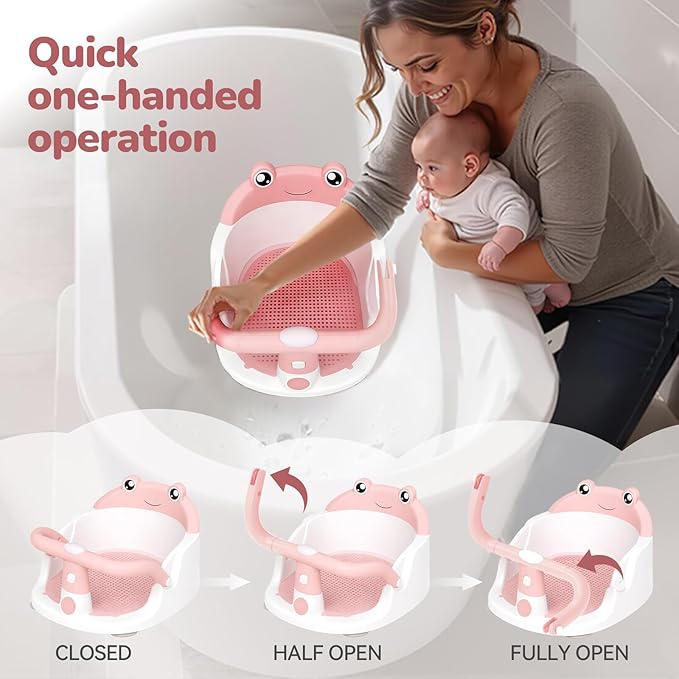 Baby Bath Seat for Babies 6 Months & Up - One-Handed Snap-On Armrest Baby Bath Chair | 4 Suction Cup Non-Slip Baby Bathtub Seat with Storage Bag | Ergonomic Infant Bath Seats for Baby Sitting Up Pink