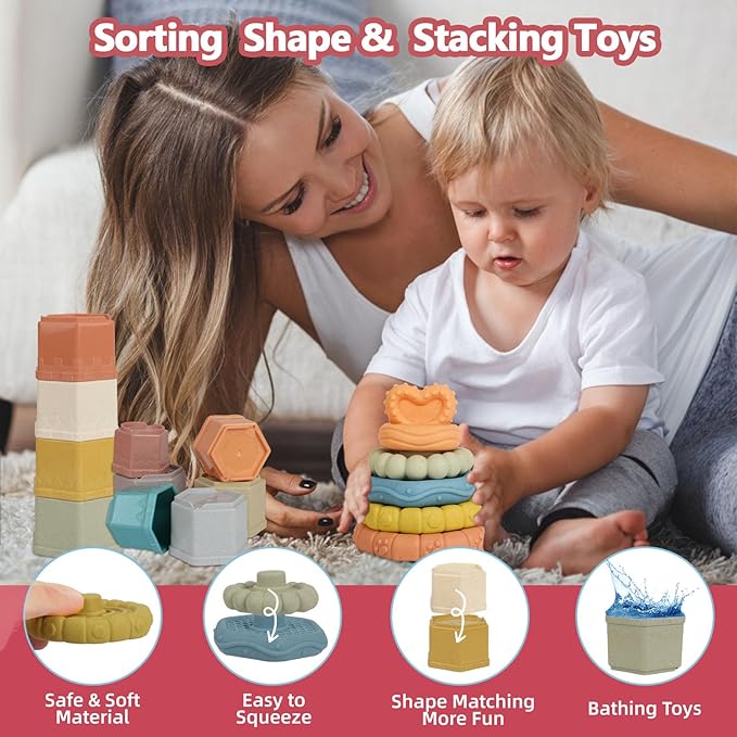BYFWH Shape Sorter for Toddler 1-3, 5 in 1 Montessori Baby Toys for Infants 6-48 Months, Sorting & Stacking Toy for Fine Motor Skills, Sensory Learning Set with Rings Link, Birthday Gift