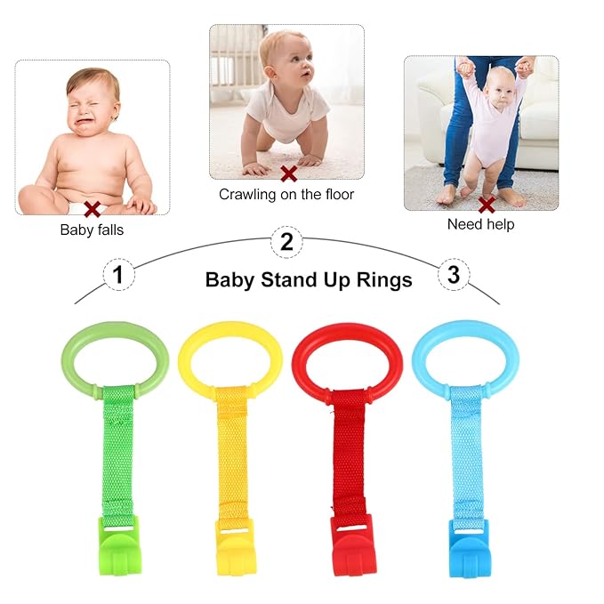 TOYANDONA Baby Pull up Rings for Crib and Playpen 4-Pack Baby Hand Pull Rings for Toddler Standing Support and Walking Assistance 8.3X3.7X1 Inches