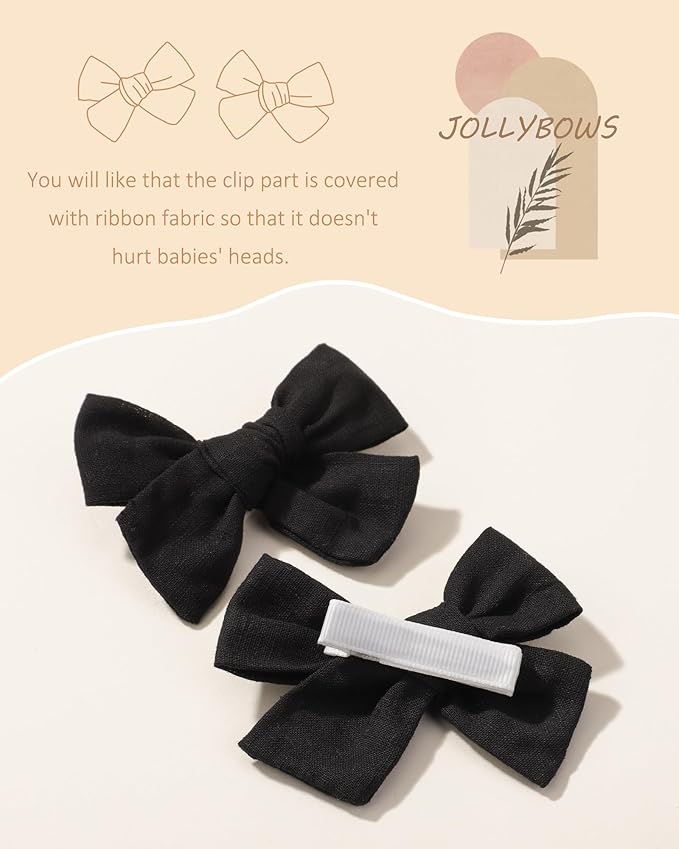 Jollybows 2pcs 3.2" Hair Bows Clips for Baby Girl Toddler Pigtail Neutral Linen Hair Clip Bows -Black