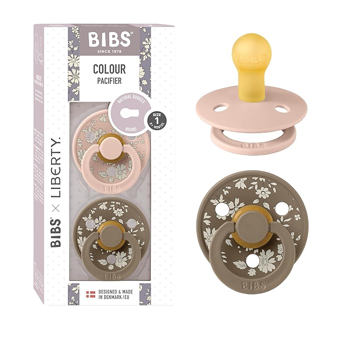 BiBS Liberty Pacifier 2-Pack, BPA Free Pacfiers with Natural Latex Round Nipple, Made in Scandinavia, Size 1 (0-6 Months), Capel Blush