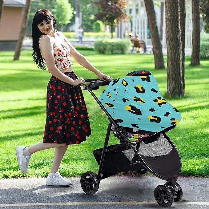 Colorful Teal and Yellow Leopard Baby Car Seat Covers, Nursing Cover Breastfeeding Scarf Soft Breathable Stretchy Coverage, Infant Stroller Cover for Boys Girls