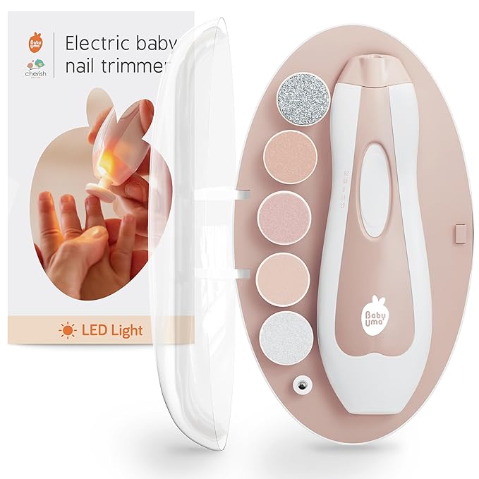 Cherish Baby Care LED Baby Nail Trimmer Electric - Auto-Safety Stop Baby Nail Clippers, Bi-Directional Electric Baby Nail File with 2 Speeds & 6 Filing Discs, Newborn Essentials (+ Travel Case)