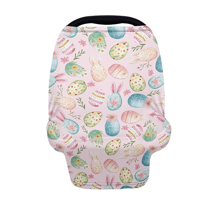 Wanyint Baby Car Seat Covers Carseat Canopy for Boys Girls, Multi-use Nursing Breastfeeding Covers Nursing Scarf for Breastfeeding Mothers, Easter Eggs Easter Rabbit Ears Flower Pink