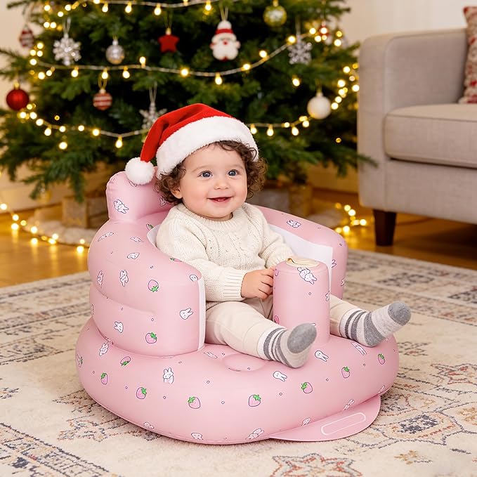 AirSwim Inflatable Baby Seat with Detachable Canopy and Built-in Pump, Inflatable Baby Chair for Babies 3 Months and Up, Sit Me Up Chair for Outdoor Indoor, Bumbo Seat for Infants, Strawberry