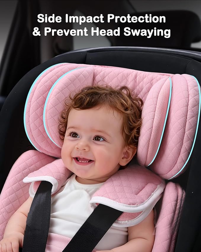 Infant Car Seat Insert Adjustable Head Support for Preemie Newborn Toddler, Reversible Baby Head Body Support Cushion for Carseats and Strollers Side Impact Protection - Pink