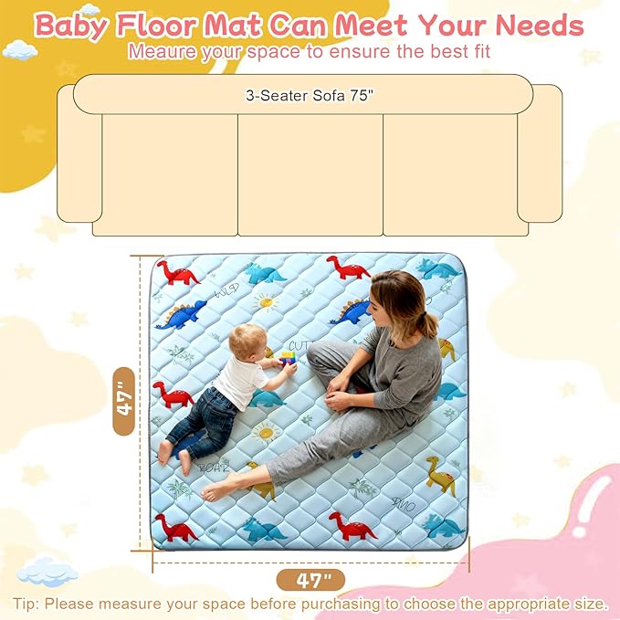 omzer Baby Play Mat: 47" x 47" Baby Mat for Floor - Thicker & Soft Cushioning Padding Foam Play Mat for Babies 0-6 Months - Machine Washable Non-Slip, Infant Playmat & Playpen Mat, Dinosaur Designs