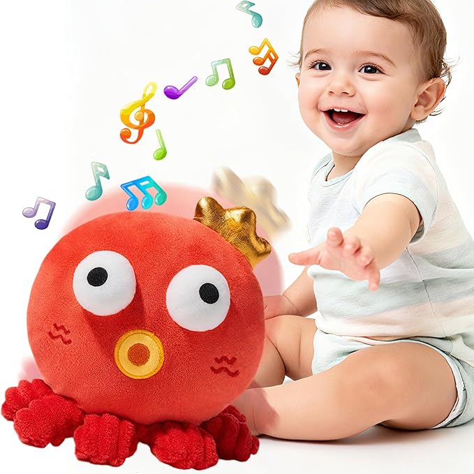 Bouncing Octopus Baby Toy, Musical Crawling Toy for 6-12 Months, Talking Recording Repeat Plush Toy with 120 Songs, Sensory Tummy Time Toy for Toddlers 1-3, Infant Birthday Gift (Red Octopus)