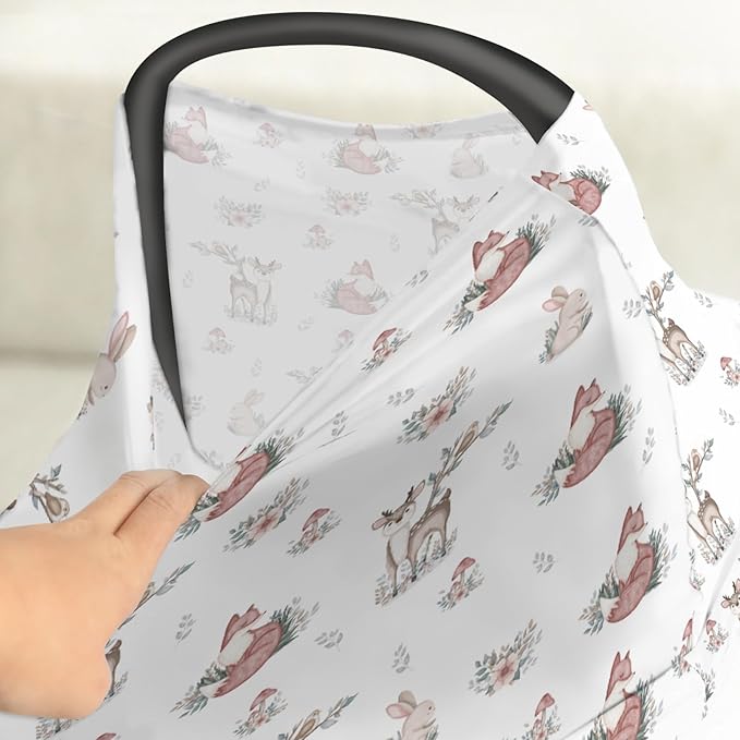 Neutral Boho Animal Baby Car Seat Covers Deer Rabbit Fox Floral Mushroom Stretchy 5-in-1 Cover Adjustable Infant Carseat Canopy Cover Baby Forest Animals Breathable Nursing Cover-Up