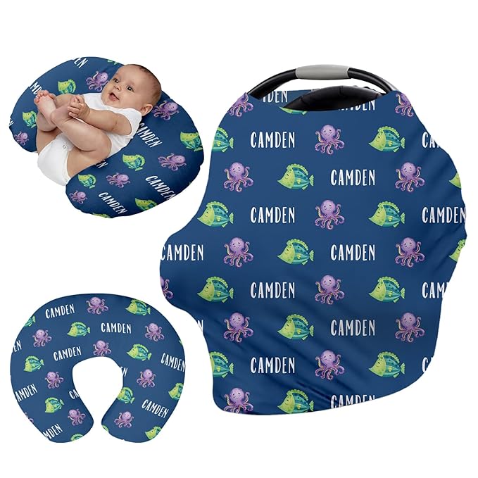 Custom Name Car Seat Canopy - Baby Car Seat Covers, Blue Octopus Print Infant Stroller Cover, Carseat Canopy Christmas Birthday Gifts for Girls and Boys(27"x29")