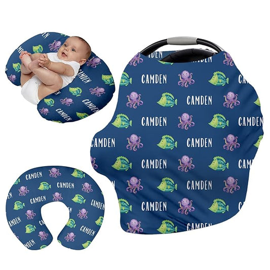 Custom Name Car Seat Canopy - Baby Car Seat Covers, Blue Octopus Print Infant Stroller Cover, Carseat Canopy Christmas Birthday Gifts for Girls and Boys(27"x29")