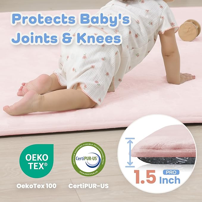 1.5" Super Thick Baby Play Mat for Floor, 79x118 Pro Soft Flannel Foam Mats for Toddler Infant Kids Crawling for Nursery Rug Playroom Living Room Waterproof Easy Care Non-Slip (Baby Pink)