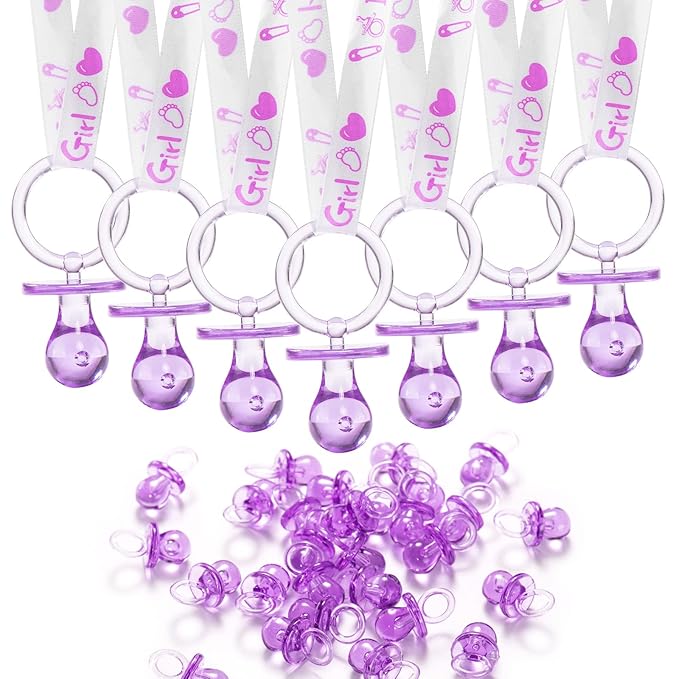 ZYFLSQ 24 Baby Shower Pacifiers Necklace，2.5 inch Acrylic Pacifier Charm Suitable for Party Favors Decorations (Purple)