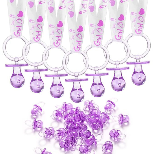 ZYFLSQ 24 Baby Shower Pacifiers Necklace，2.5 inch Acrylic Pacifier Charm Suitable for Party Favors Decorations (Purple)