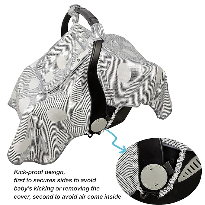 ICOPUCA Car seat Covers for Babies, Muslin carseat Cover Girls/boy, carseat Canopy Light Weight, Breathable, Kick Proof, fit Summer/Autumn/Spring, Black Strip Polka;