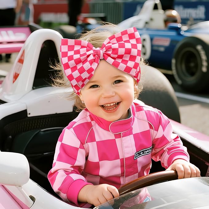 YanJie 7’’ Hot Pink Checkered Bow for Baby Girl Racing Bows Plaid Headbands for Newborns Infants Toddlers Two Fast Birthday Girls Hair Accessories