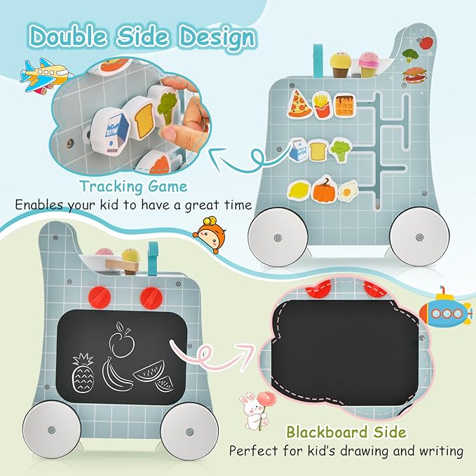 HONEY JOY Baby Push Walker, 6-in-1 Wooden Play Kitchen Walker Activity Center w/Shape Sorter & Blackboard, Develop Motor Skills, Push Toys for Babies Learning to Walk, Gift for Boys and Girls (Blue)