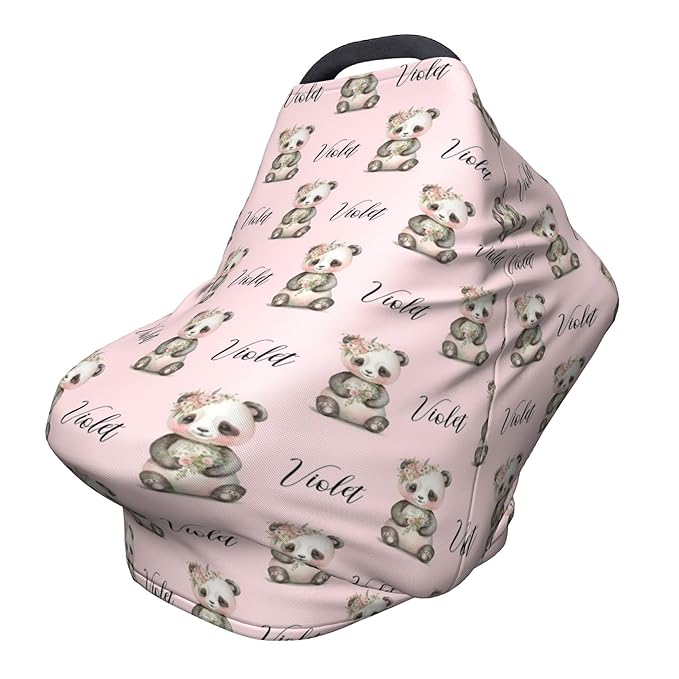 Personalized Panda Baby Car Seat Cover with Name,Multi-Use Canopy for Nursing, Strollers,Shopping Carts,Customized Breastfeeding Cover, Full Privacy,Infant Stroller Cover