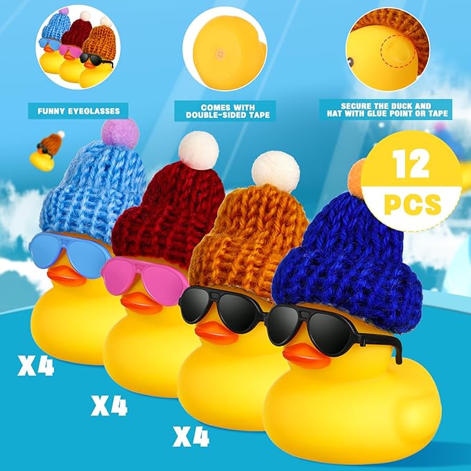 Chivao 12 Pcs Mini Rubber Ducks with Sunglasses/ Glasses and Hats/ Necklace, Cruise Rubber Ducks in Bulk Valentine Gift Small Bathtub Toy for Hiding Party Favor(Lovely Style,Yellow)
