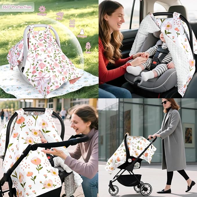 Floral Car Seat Cover Baby Girl, Soft Breathable Infant Car Seat Covers, Girl Baby Car Seat Covers, Skin-Friendly Sunscreen Nursing Stroller Cover 30" x 40"