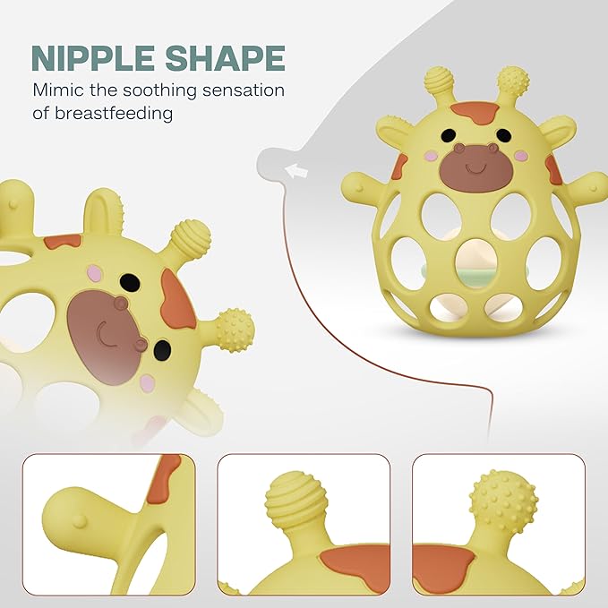 Giraffe Baby Teether with Pacifier Clip - 3 in 1 Teething Toy, Rattle & Clip Set, Food Grade Silicone BPA Free, Baby Teething Toys 3-6 Months, Baby Toys 6-12 Months