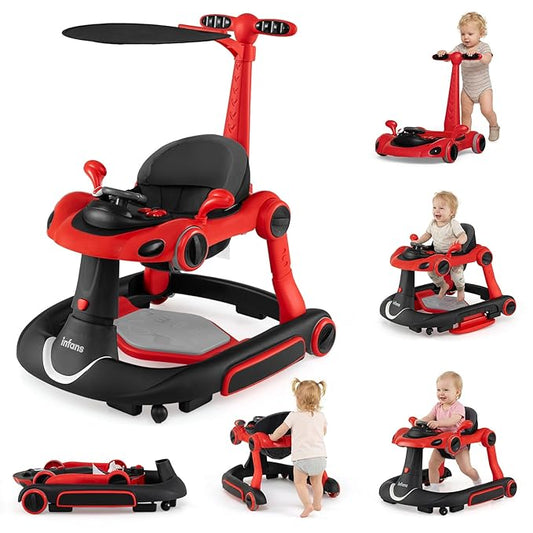 INFANS 6-in-1 Foldable Baby Walker, Converts Push Car to Bouncer, Rocker with Music, Lights, Adjustable Height & Speed, Activity Center, Canopy for 7-18 Months (Red)