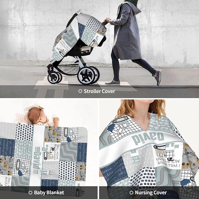 Personalized Baby Car Seat Canopy for Babies with Name, Custom Car Seat Covers for Boys Girls, Construction Nursing Breastfeeding Stroller Cover Infant Carseat Canopies for Newborn