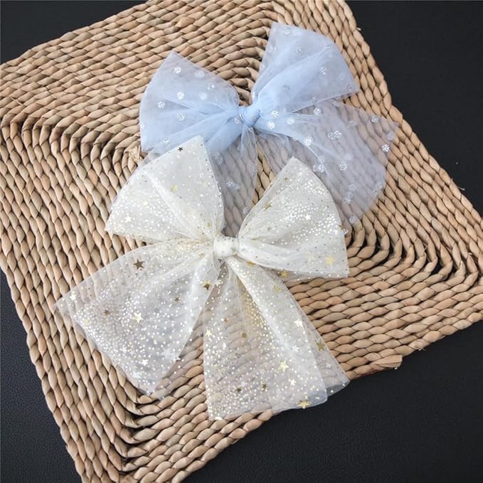 Large Tulle Bow Hair Clips for Baby Girls - Lace Hair Bows, Women's Cottagecore Barrettes - Lightweight Gauze - Moon Star & Blue Foil