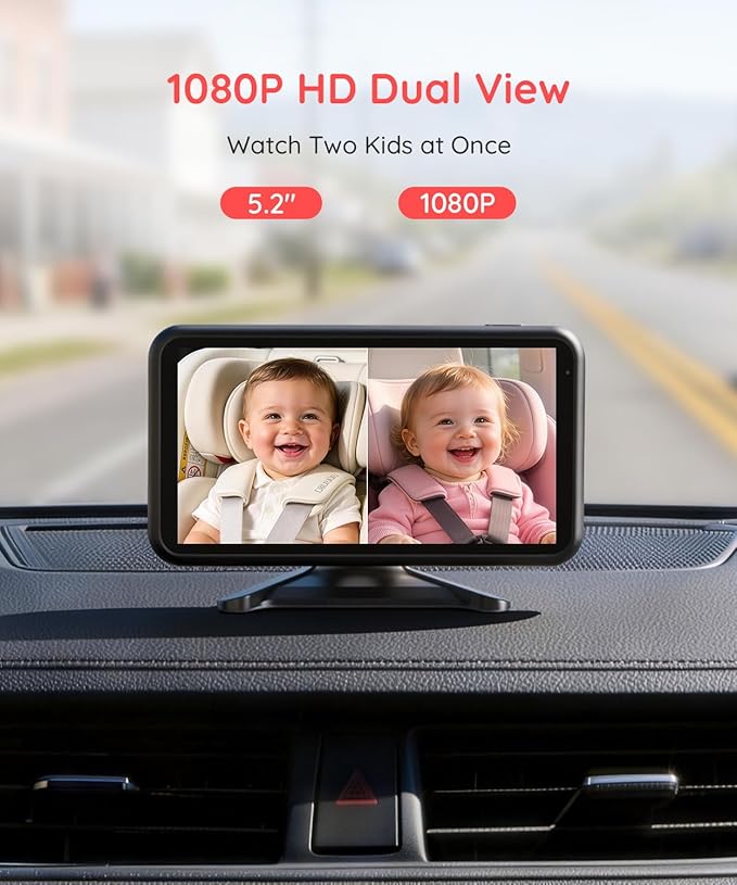 LUCKVIEW BM2 PRO Dual Baby Car Camera, 5.2" 1080P HD Display for Rear-Facing Car Seats, IR Night Vision, Anti-Shake Mount, Easy Install – Ideal for Parents with 2 Kids and Pets
