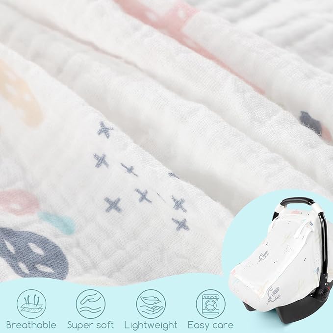 Muslin Baby Car Seat Cover for Boys Girls, Infant Carseat Canopy with Breathable Mesh Peep Window, Summer Lightweight Sunshade Carrier Cover for Newborn, Cacti