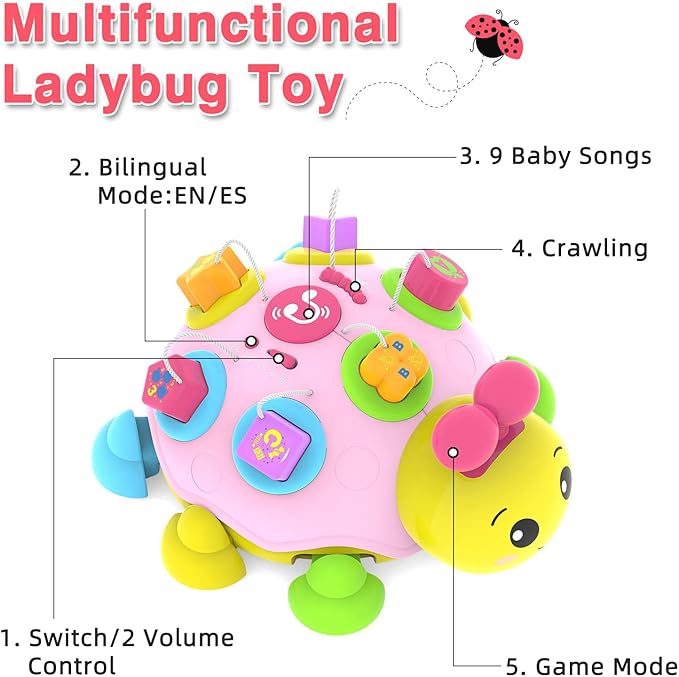 Baby Toys 6-12 Months,Musical Ladybug Crawling Toy and Seahorse Plush Toy for Infants 0-3-6 7 8 9 10 12-18 Months,Early Education Light Up Music，Shape Matching,Tummy Time Toys for Boy Girl Gift.