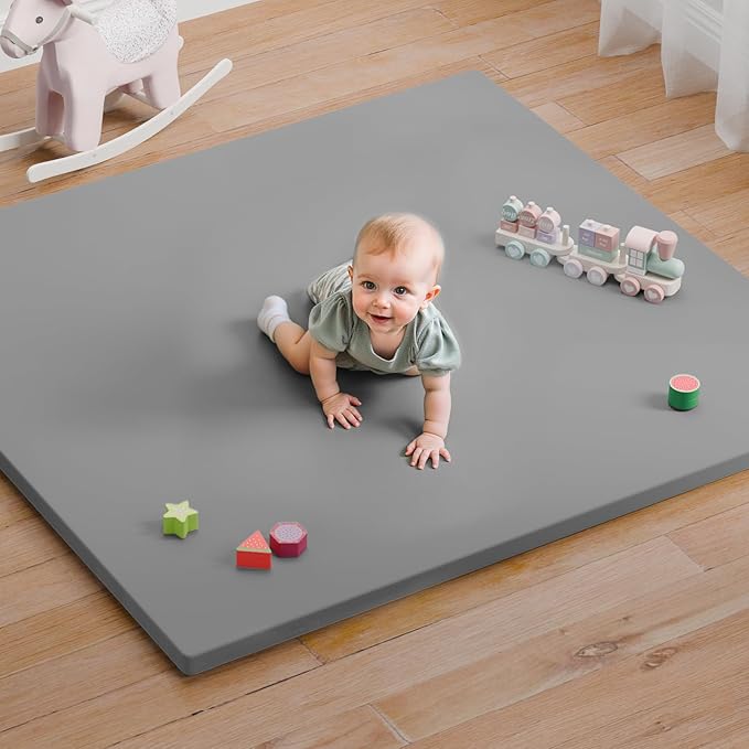 Comehealthy Baby Play Mat for Floor, 50x50 Vegan Leather Playpen Mat, Thickened Foam Cushioned Mat for Infants and Toddlers, Waterproof, Non-Slip & Stylish Playmat for Babies, Easy to Clean, Gray
