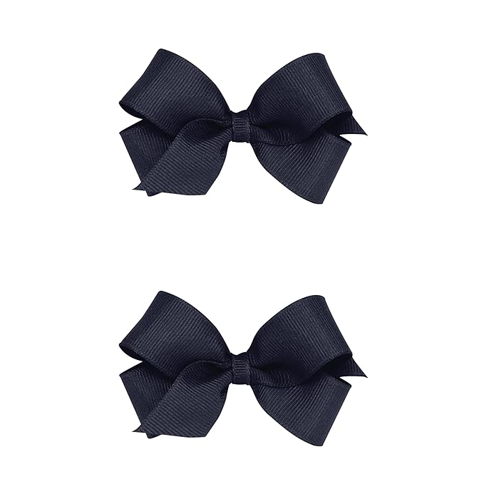 Wee Ones Girls 2 Pack Grosgrain Hair Bows with Plain Wrap Centre on a Wee Stay No Slip Clip, Mini, Navy