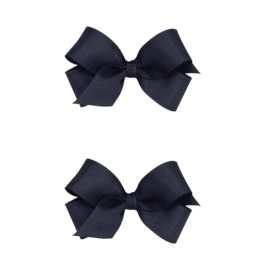 Wee Ones Girls 2 Pack Grosgrain Hair Bows with Plain Wrap Centre on a Wee Stay No Slip Clip, Mini, Navy