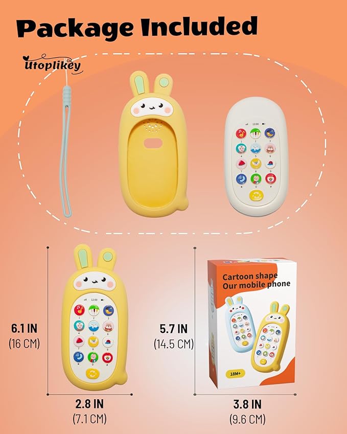 Baby Cell Phone Toy with Teething Silicon Mobile Phone Shell, Sensory Comfort Toys with 12 Learning Modes & Soothing Lullabies, Gift for Toddler Infants Baby Shower Birthday (Yellow Bunny)